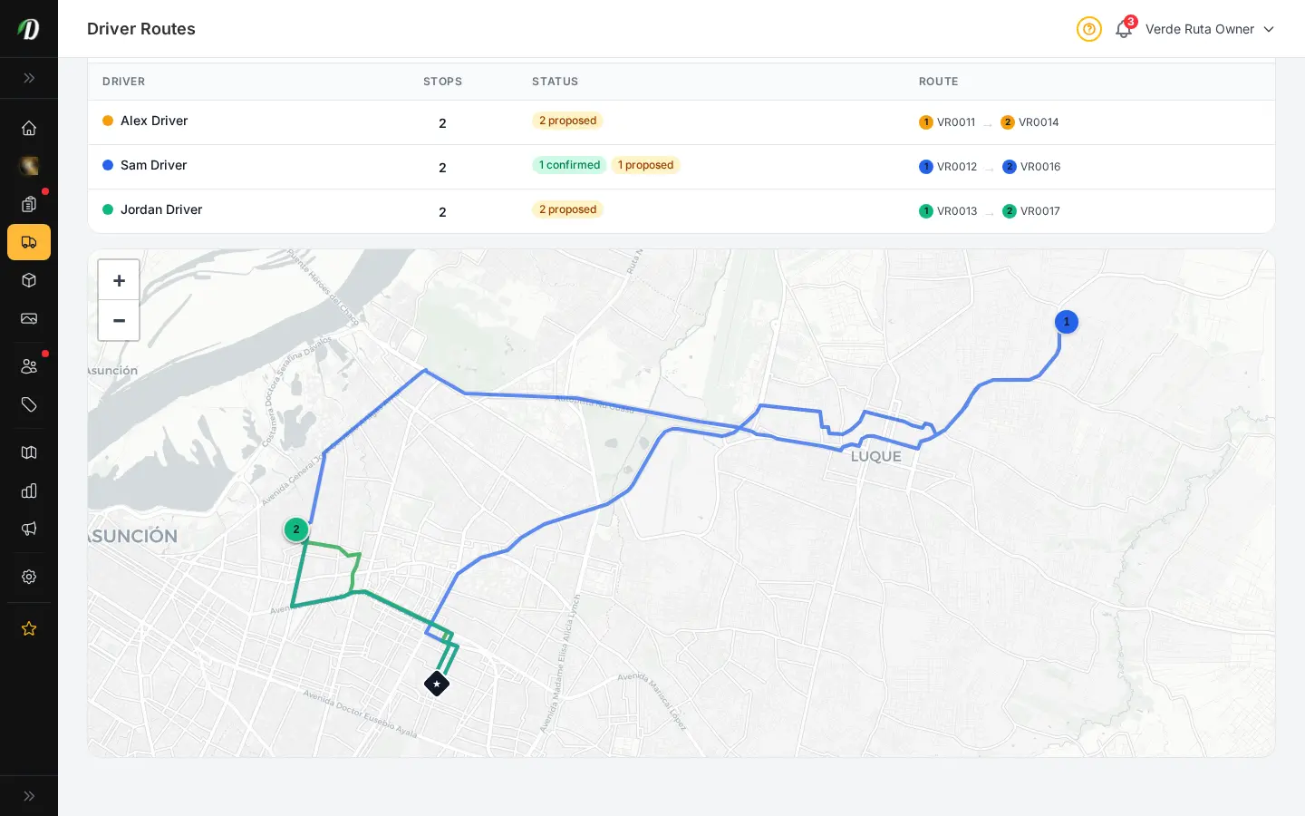Map of cannabis delivery stops coloured by driver
