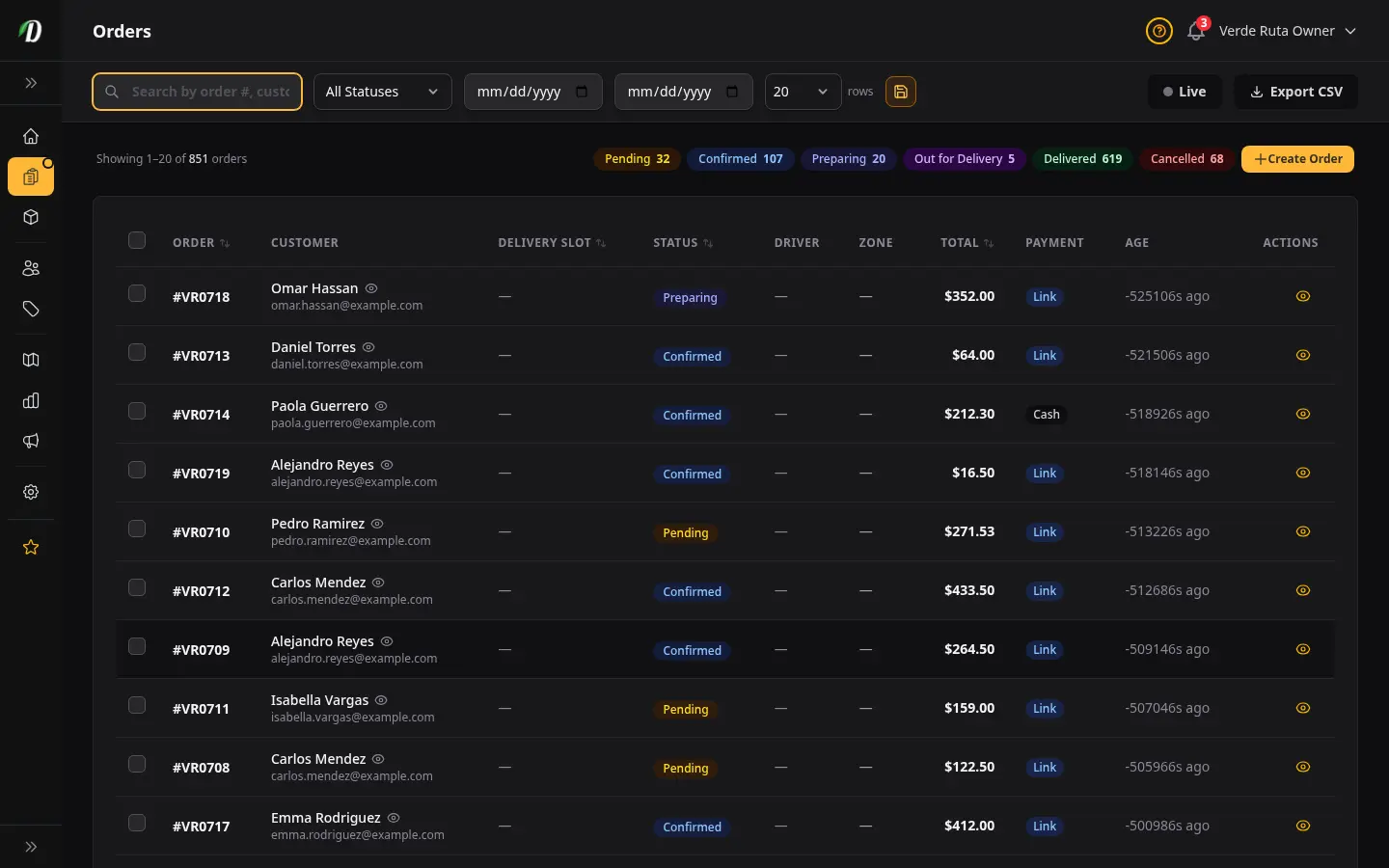 New order notification on the DabDash dashboard